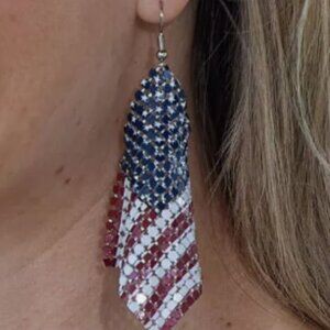 American Flag Hanging Mesh Chain Earrings Red White Blue USA